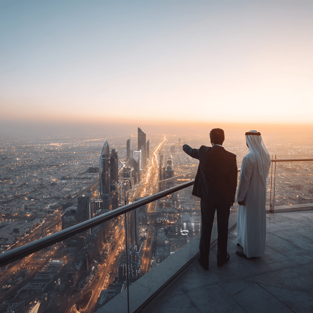 Leaders overlooking a modern city skyline at dusk
